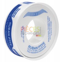 Ruban ptfe 12mm, (x10) Étanchéité des Circuits d'eau Étanchéité des Circuits d'eau destinée à la consommation  humaine (eau potable). Étanchéité des Circuits d'eau chaude et Froide en Sanitaire (ECFS) et en Chauffage Largeur : 12mm longueur  : 12m - Référence : 