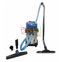 Aspirateur profession équipé d'un moteur haute performance. EQUIPEMENT : Câble électrique 8,5 mètres. Flexible 2,5 mètres Ø38. Suceur plat chromé. Suceur brosse ronde. Filtre primaire polyester. Grand filtre nylon spécial ramonage qui permet le décolmatage  mécanique du filtre nylon primaire. Brosse carrelage. Brosse moquette des liquides. 2 rallonges tube noir. Bec suceur plat. Bec suceur racleur. CONSTRUCTION :
Cuve 32 litres en inox AISI 304 (amagnétique)
Suppression d'interférence radio. Très maniable. Fermeture automatique pour l'aspiration des liquides. Socle plastique haute résistance 4 roues. 1 interrupteur bi-polaire.  MOTEUR : 1 moteur haute performance type VORTEX Puissance 1500 watts maxi. Dépression 2400 mm de colonne d'eau (240 mbars). Débit : 60 litres par seconde. Dimensions: Hauteur 830mm x Largeur 420mm, Poids : 12kg.